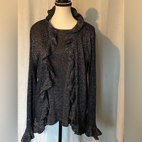 Susan Graver Sweaters - Cardigan Reversible with Ruffles & Matching Shirt Black with Silver Sparkles Lg
